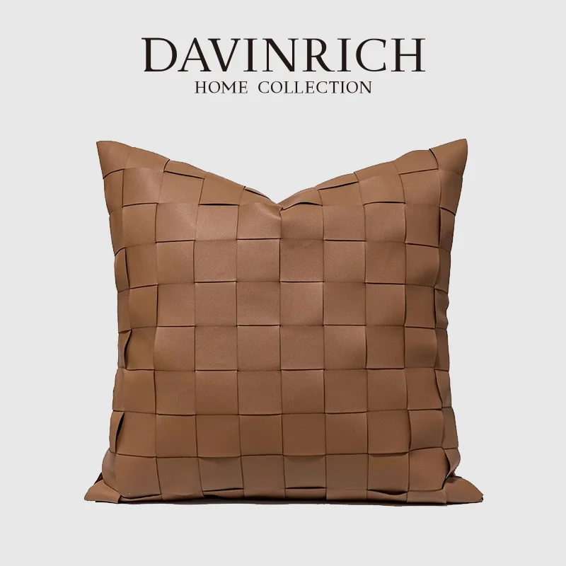 DAVINRICH Coffee Faux Leather Hand Woven Decorative Cushion Covers Modern Luxury Home Décor Lumbar Pillow Case For Couch Sofa