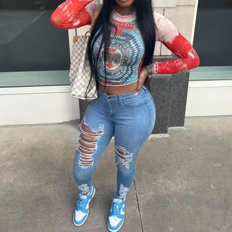 Hole Jeans Women Denim Pencil Pants Ripped Skinny Stretch High Waist Washed Distressed  Streetwear Ankle Length Trousers