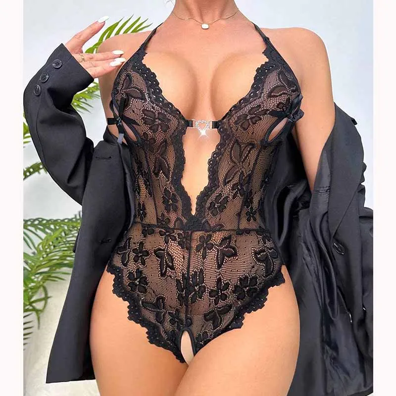 Hot Temptation Crotchless Bodysuit Perspective Hollow Porn Pajamas Erotic Costumes Open Bow Bra Corset Sexy Lingerie For Women