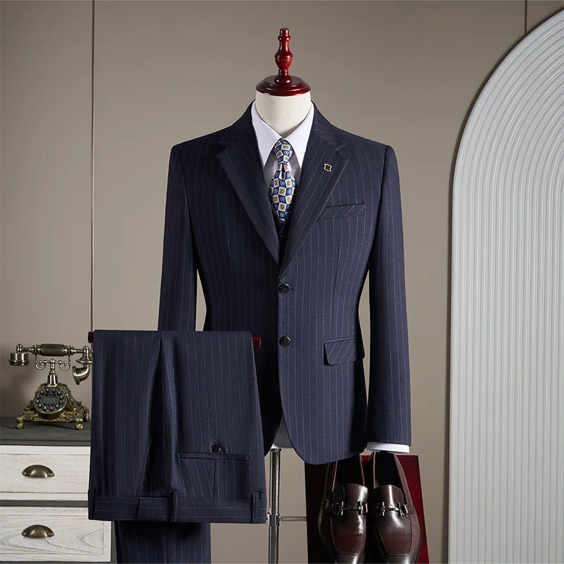 High-Quality, Fashionable and Stylish British-Style Banquet Striped Suit Set, Men's Three-Piece Business Casual Suit