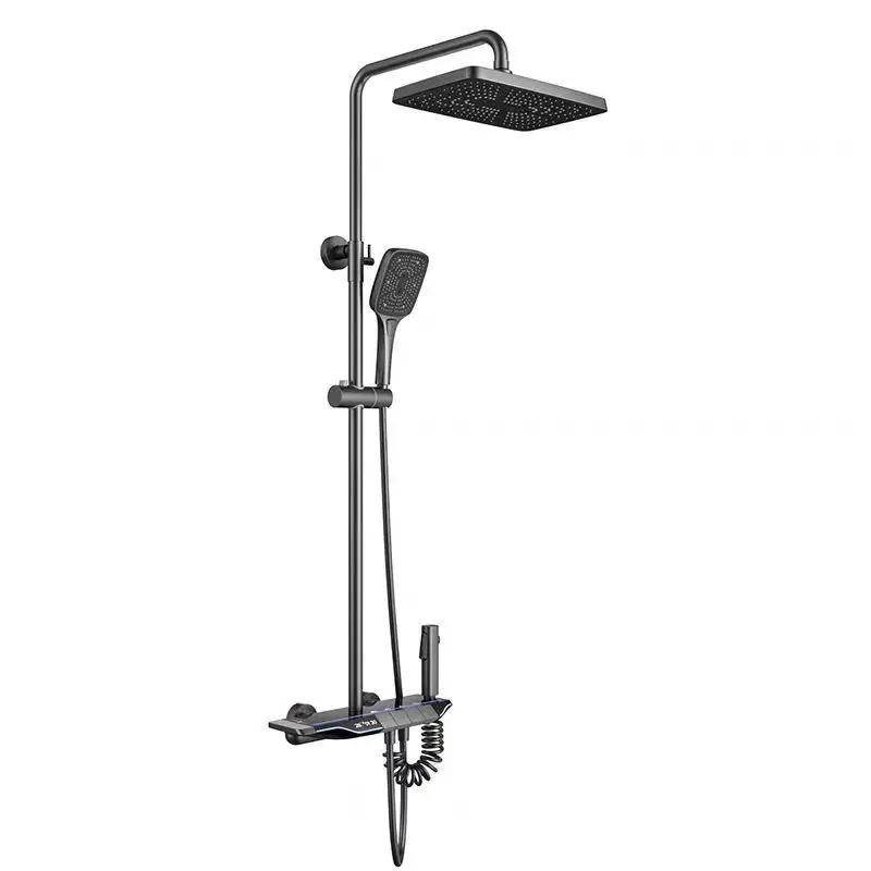

water plating, brushed, all copper, shower, set, bathroom, constant temperature, digital display, ambient light, shelf.