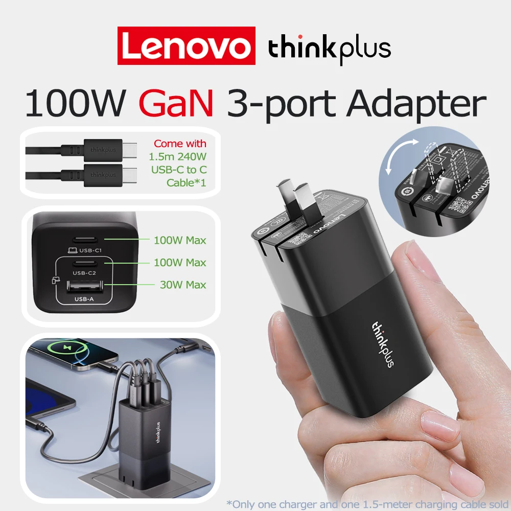 Thinkplus 100W GaN 3-port Adapter Compact Charger USBC USBA 100V~240V for Lenovo Apple moto Samsung Xiaomi OPPO Switch Huawei
