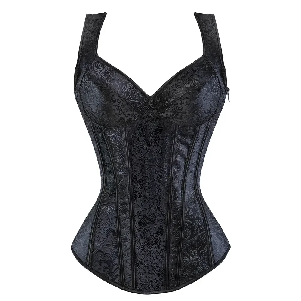 

Black Corset Top with Cup Shoulder Straps Gothic Vintage Overbust Bustier Body Shapewear Zip Lace Up Plus Size Corselet