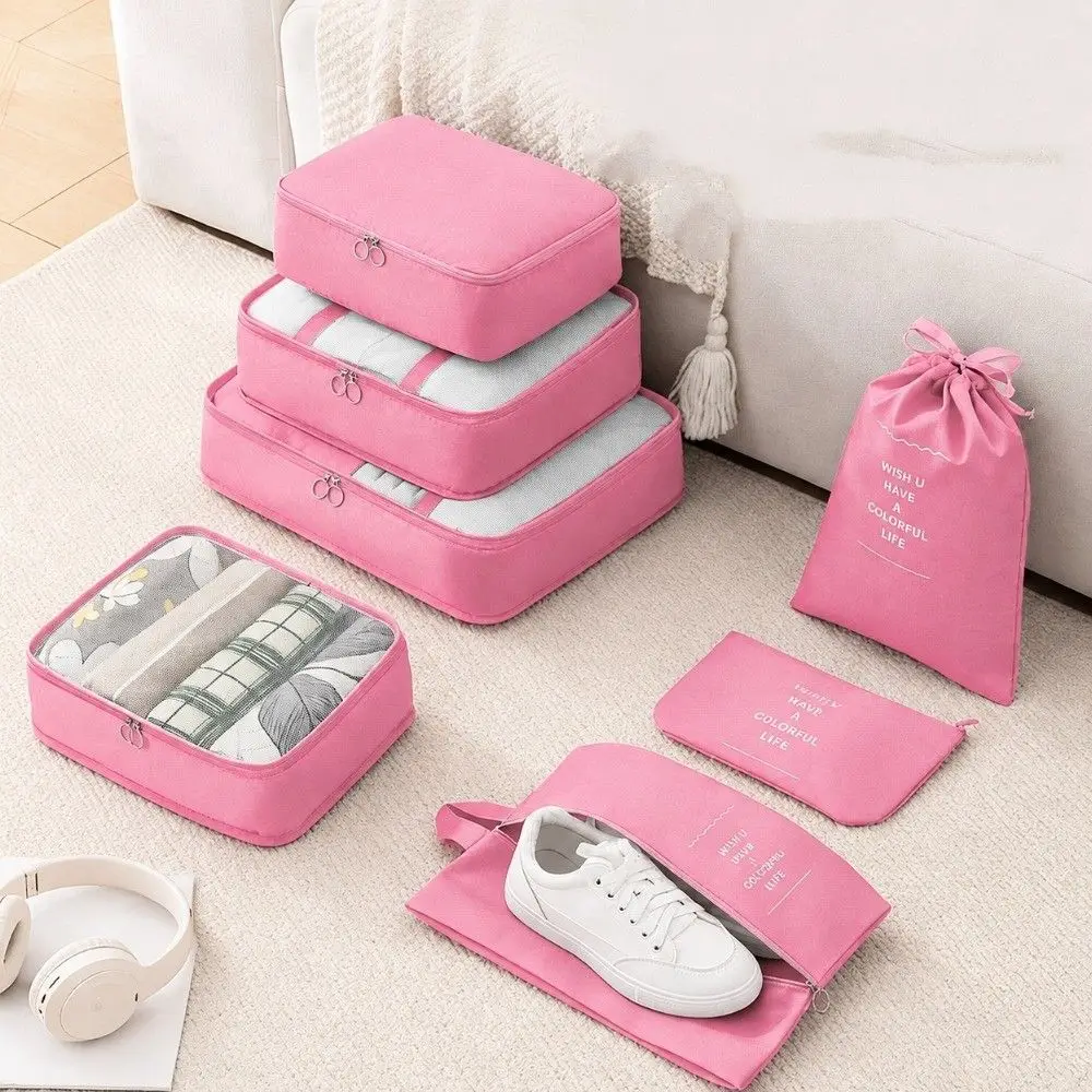 7 Pcs Durable Mesh Breathable Travel Packing Cubes Pink Practical Cloth Organizers Set Polyester Packing Bags Travel