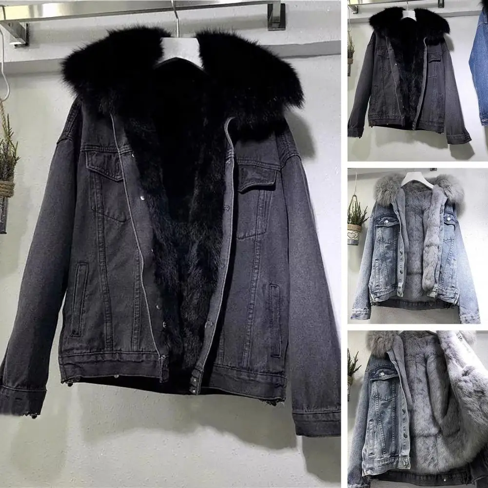 Women Winter Clothes Vintage Cotton Thick Warm Denim Coat Women Denim Jacket Oversized Loose Fur Collar Plus Velvet Jean Parkas