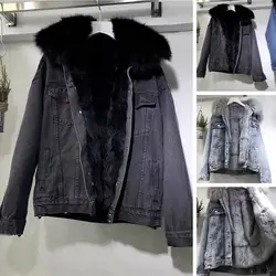 Mulheres roupas de inverno vintage algodão grosso quente denim casaco feminino denim jaqueta oversized gola de pele solta mais veludo jean parkas