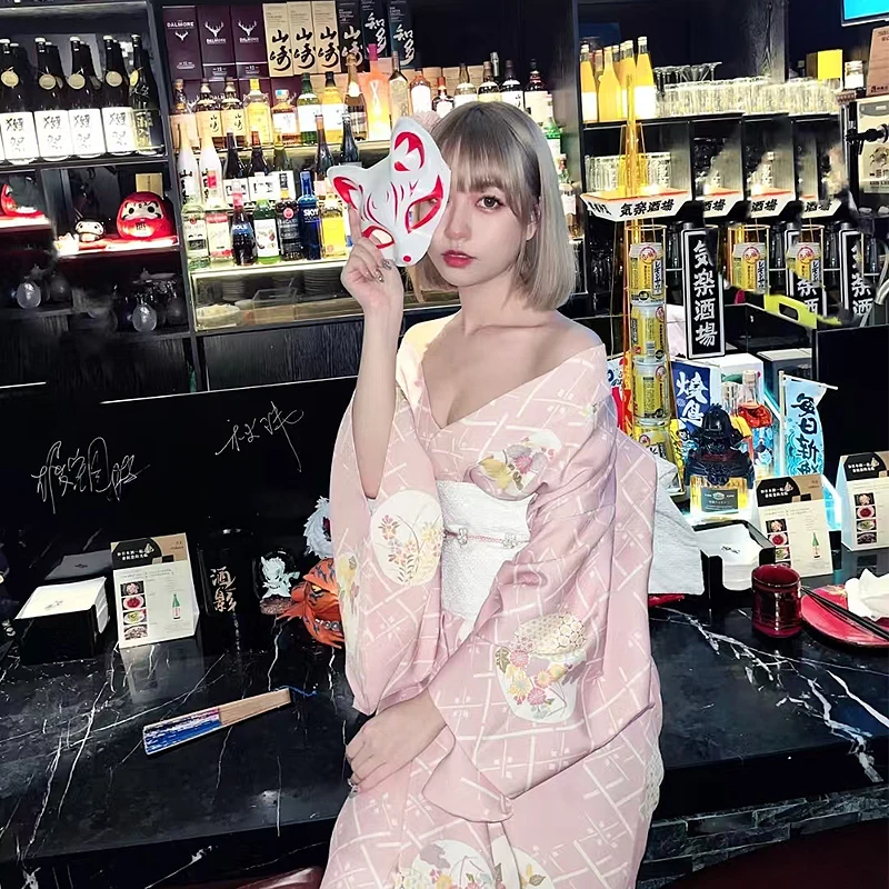 2025 New Design Japanese Kimono Pink Sakura Design Dance Perform Photoshooting Tour Anime Cosplay Halloween Costumes For Women