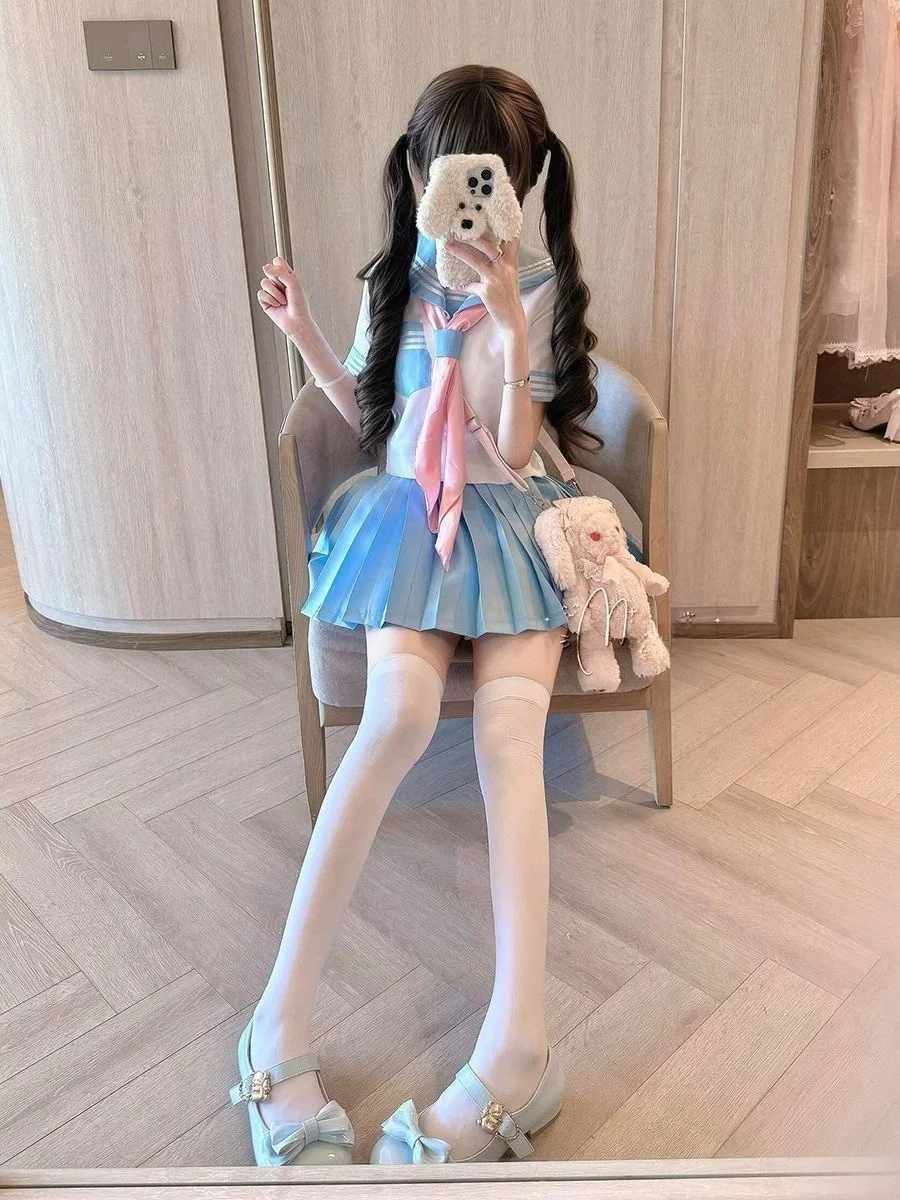 Original Sweet Blue Three Books Uniform Skirt Set Basic Style Preppy Fashion Breathable Polyester Blend Four Piece Youth Ense...