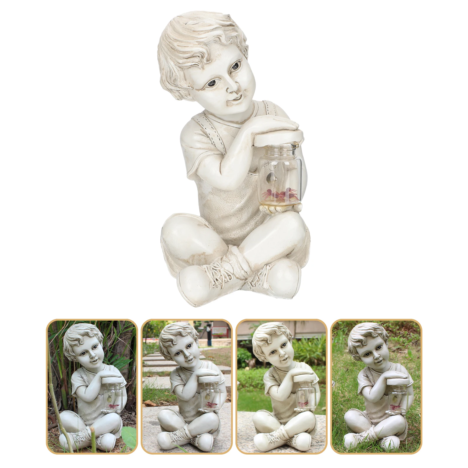 

Resin Kid Statue Outdoor Garden Ornament Child Sculpture Light Decorative Solar Powered Patio Weather Resistant Insect Jar