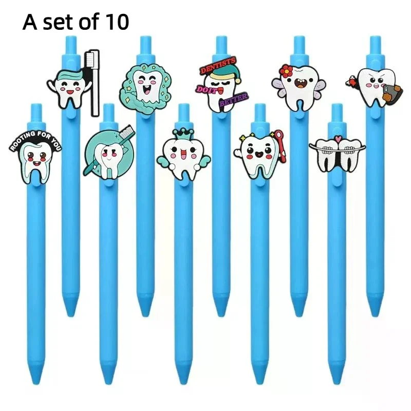 10Pcs Blue Series Retractable Gel Pens Dentist Teeth Theme Soft Gel Pen Smile Teeth Series Ballpoint Pen Student Stationery