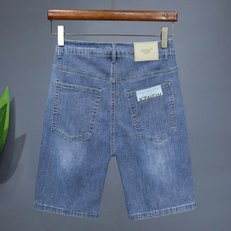 Summer Thin Men's Embroidered Denim Shorts Fashion Stretch Slim Breathable Straight Jeans Personality Bermuda Short Pants Male