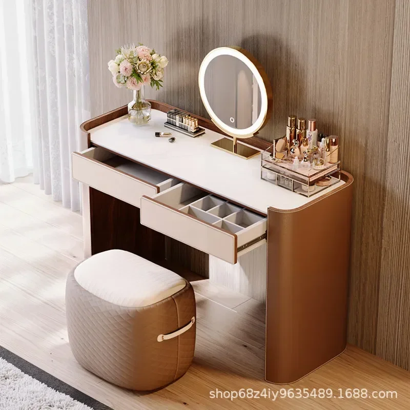 2026 New Modern Simple Bedroom Dresser with Makeup Mirror Saddle Leather High End Small Solid Wood Vanity Table