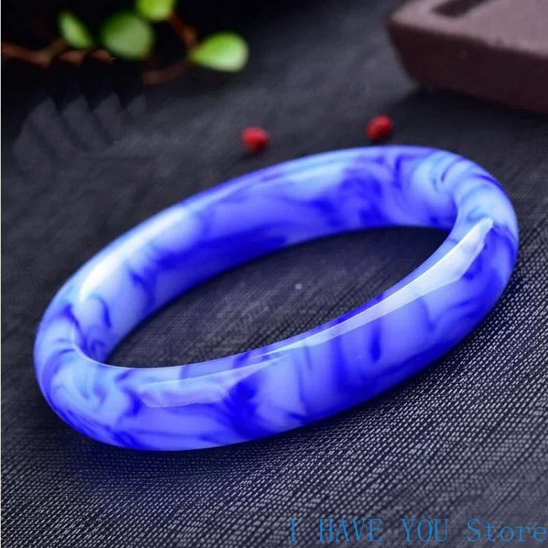 

Natural Chinese Blue and White Hand Carved Wide Bar Jade Bracelet Fashion Boutique Jewelry Women's Blue Bracelet Popular Gift