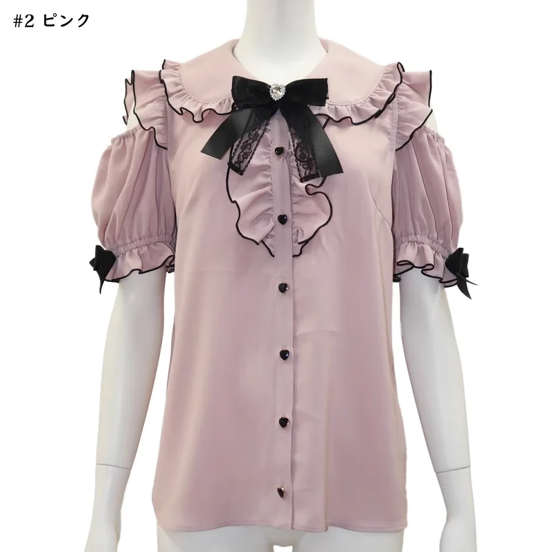 Dophee-camisas japonesas lolita fofas para mulheres, tops elegantes com amor de arco, peito único, ombro fora, blusas de manga curta, góticas