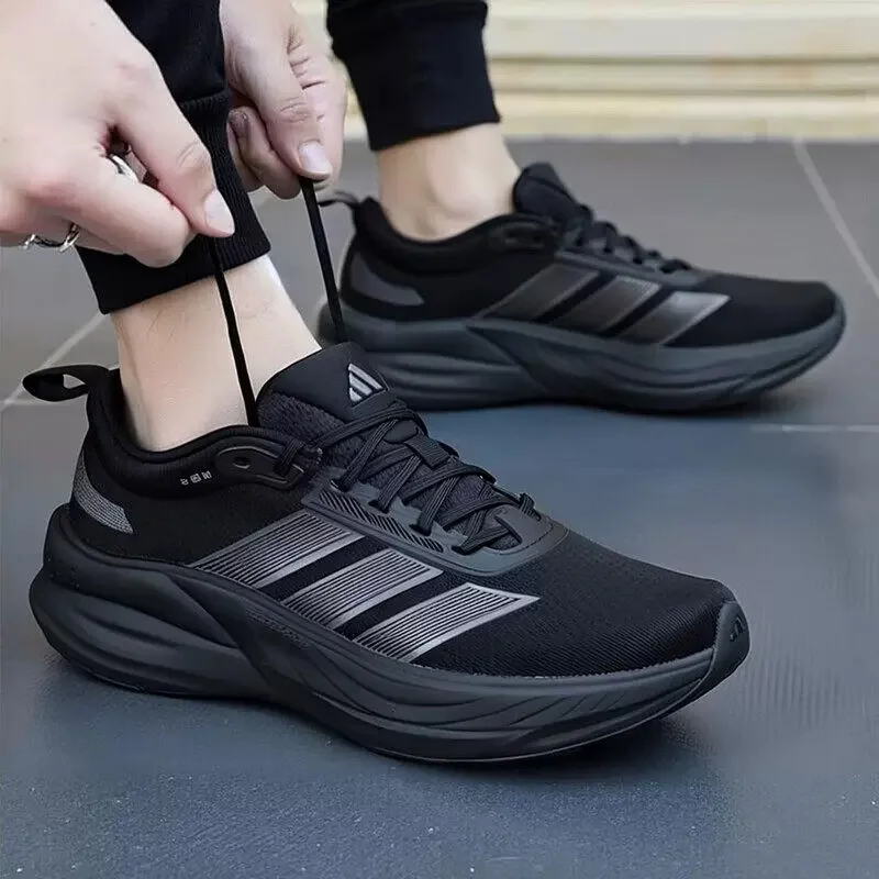 Adidas  Men All Black Breathable Mesh Running Shoes Cushion Thick Sole Athletic Sneakers KJ4606