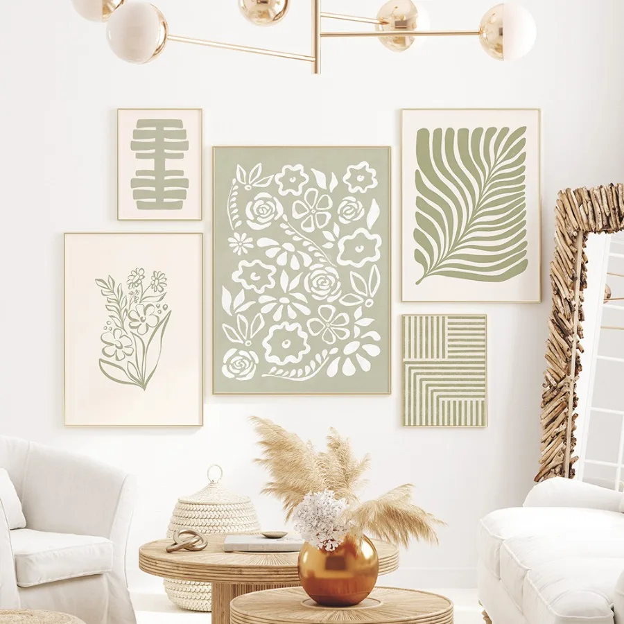 مجردة بوهو جدار الفن قماش ، الشمال الملصقات ، يطبع ، صورة لغرفة المعيشة ديكور ، الأخضر ورقة والزهور ، مقوس الهندسة #2