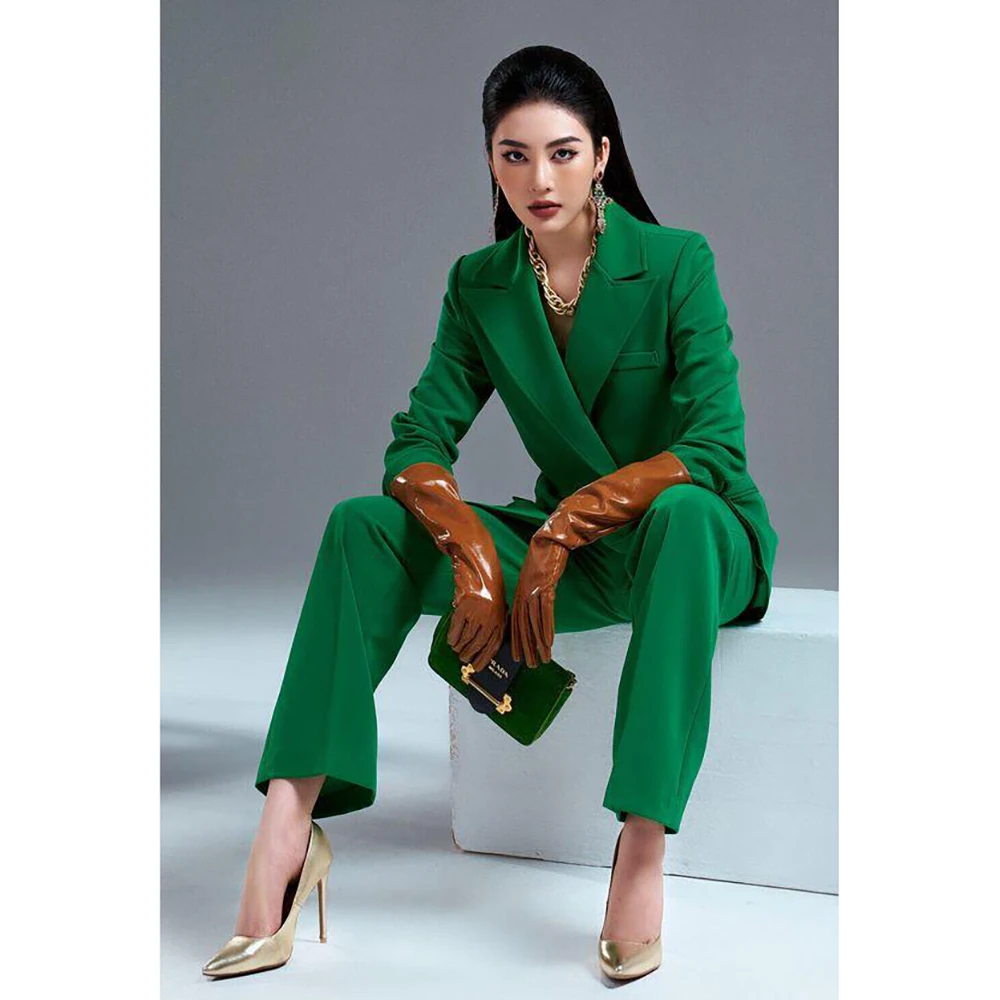 Bright Green Double Breasted Women Pants Set New Female Two Pieces(Blazer+Trousers) conjuntos femininos elegantes