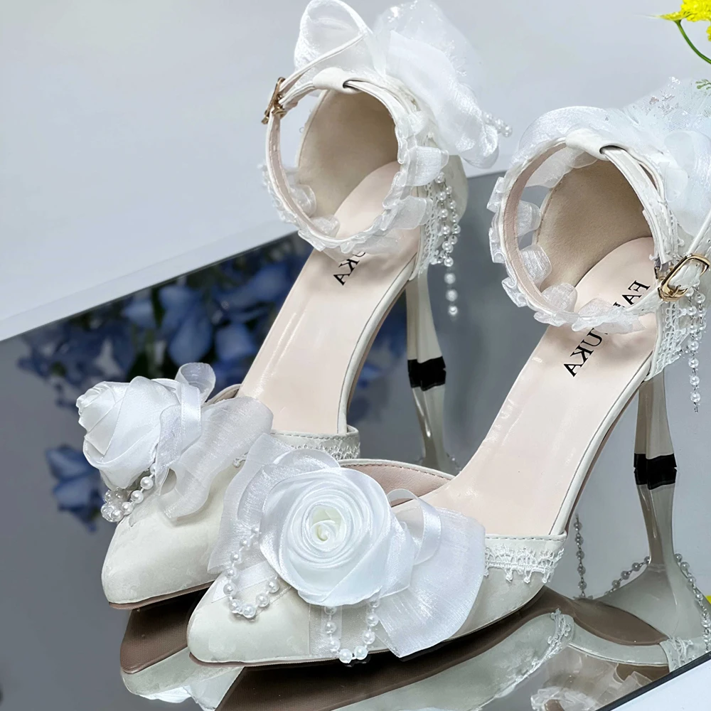 Vintage Rose Heels Pointed Toe Stiletto Delicate Chain Embellished Romantic Victorian Wedding Prom Party Pumps for Women