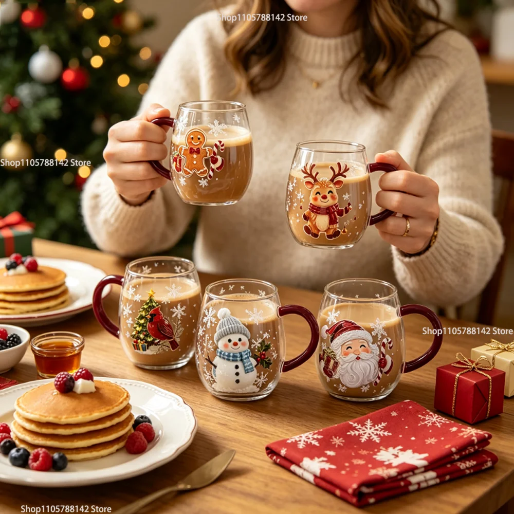 Juego de 6 vasos de cristal navideños sin base, con diseño en relieve 2D, para decorar y servir bebidas en fiestas y celebraciones en casa, con motivos de Papá Noel y muñecos de nieve.
