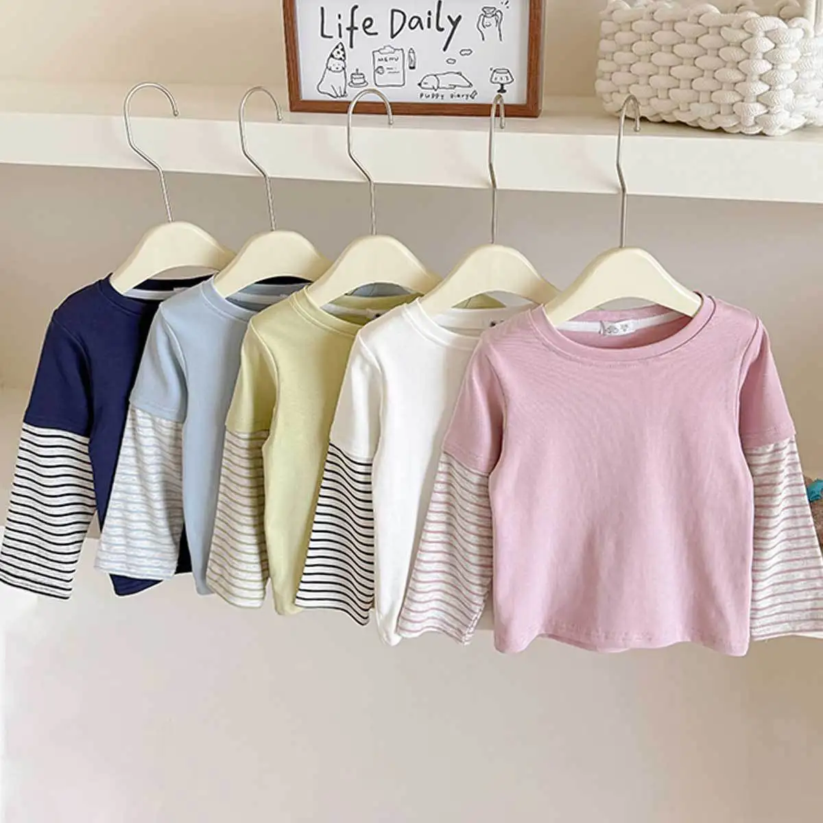 2-10T Baby Boys Girls Striped T Shirt Splice Long Sleeve  Soft Cotton O Neck Toddler Casual Basic Tshirt Pullover Tops