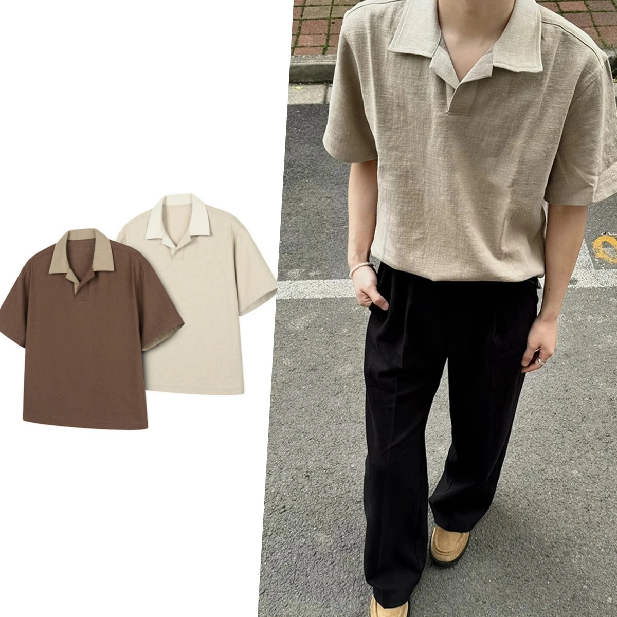 Golf short sleeve tee Summer vintage style linen polo shirt with loose collar and short sleeves retro