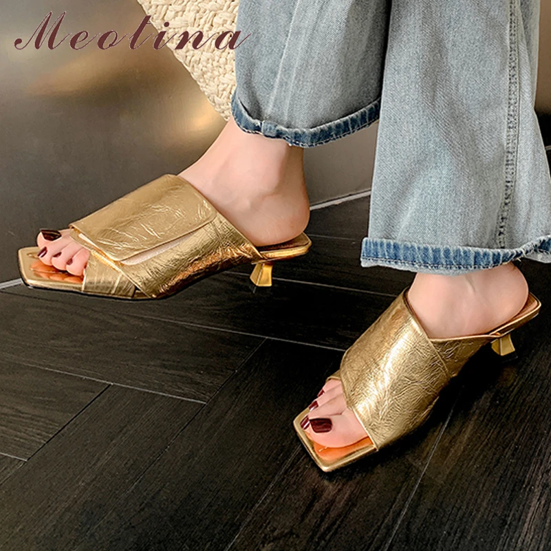 Meotina Women Genuine Leather Slides Square Toe Sandals Thin Mid Heels Slippers Ladies Fashion Casual Shoes Summer Gold Black 41