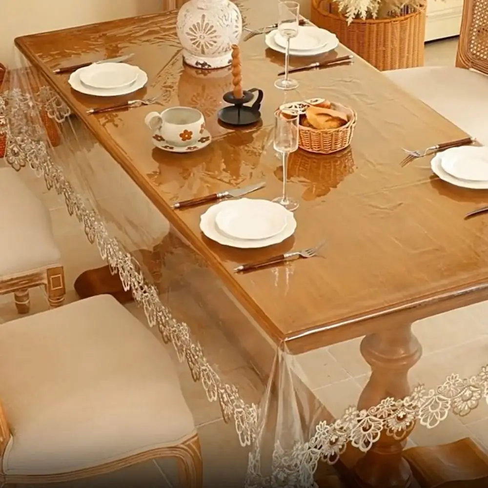 

Waterproof PVC Tablecloth European Style Lace Embroidered Dining Table Cover Transparent Rectangular/Square Desk Mat Party