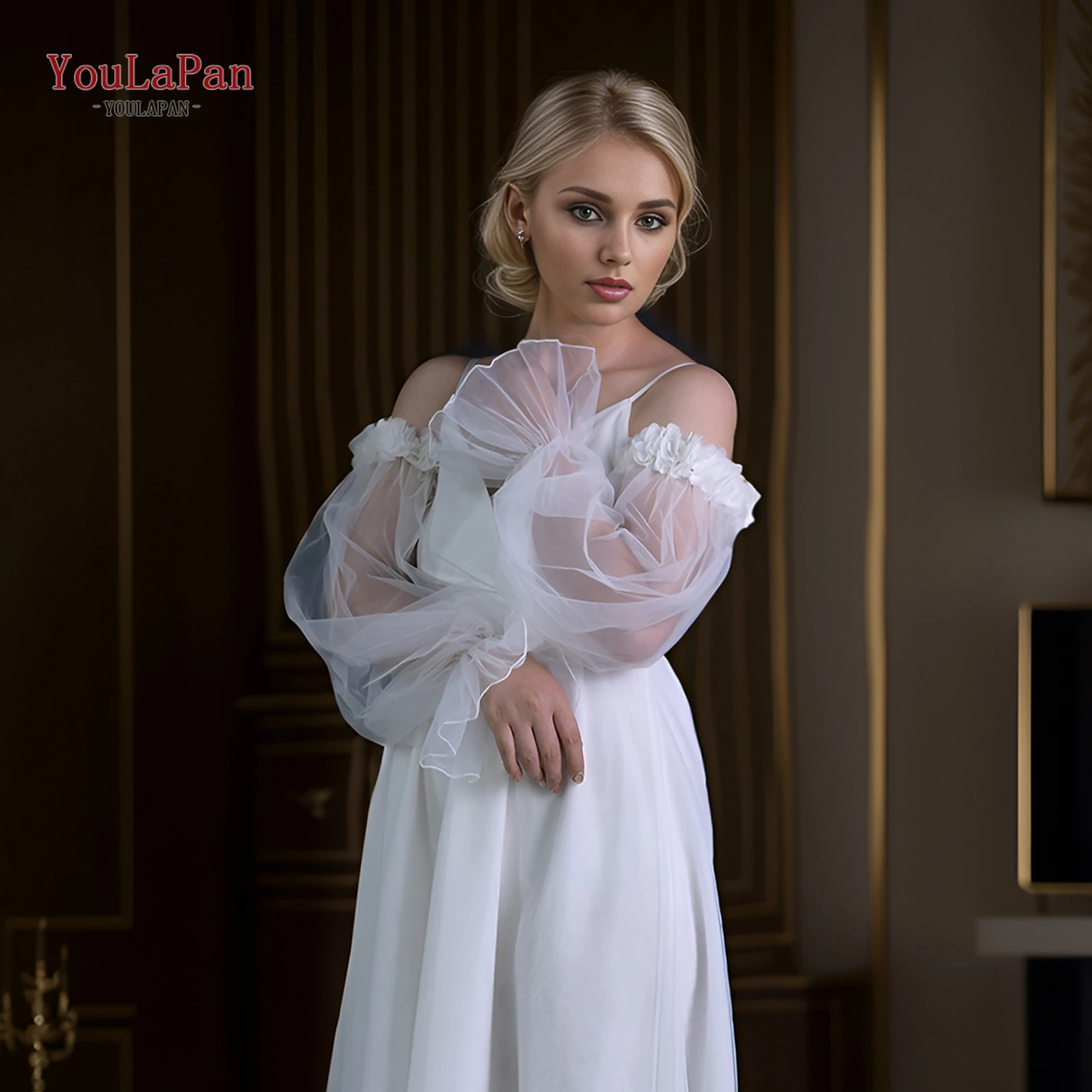 TOPQUEEN Elegant Bridal 3D Flower Gloves Long Fingerless Removable Sleeves Ladies Stage Performance Wedding Dress Matching VM40