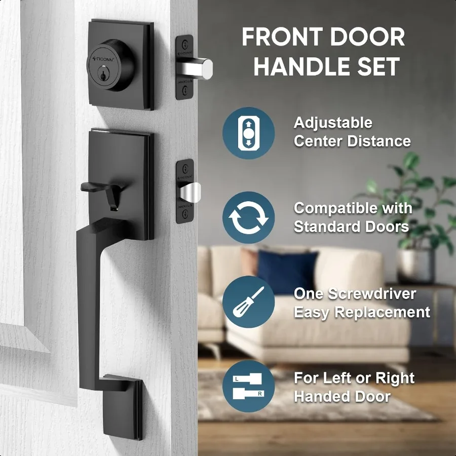 مجموعة مقبض الباب الأمامي رافعة باب مربعة شديدة التحمل وأسطوانة واحدة ديدبولت كومبو قابلة للعكس للأبواب الخارجية للمدخل Ma