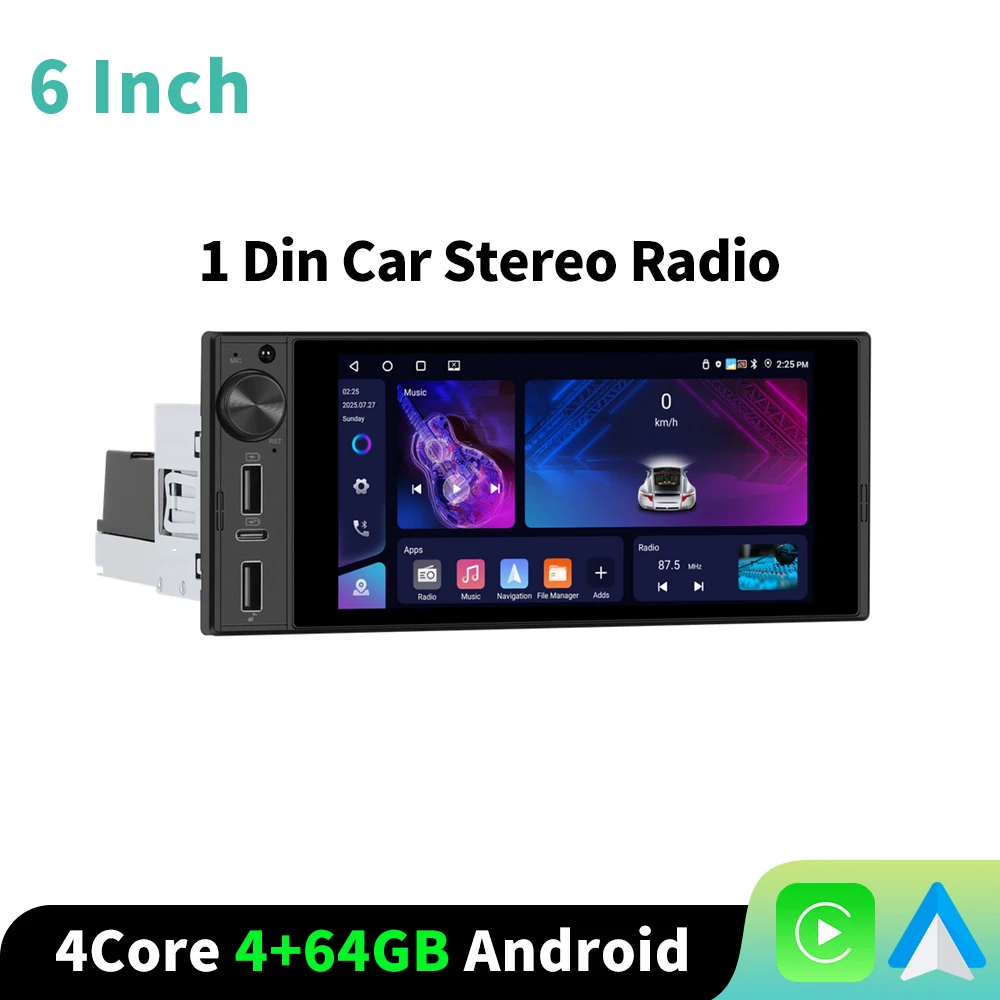 Podofo 6'' Incell Scherm CarPlay Autoradio 4+64G Hoofdunit GPS Navigatie WIFI Auto Multimedia Speler BT EQ FM/RDS Autostereo