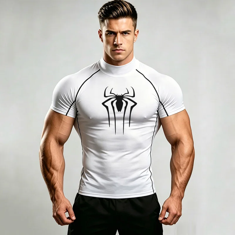 Mens Bodybuilding Sports Tight T-shirt Summer Compression Turtleneck Short Sleeve Gym Fitness Running Quick Dry Male Workout To
