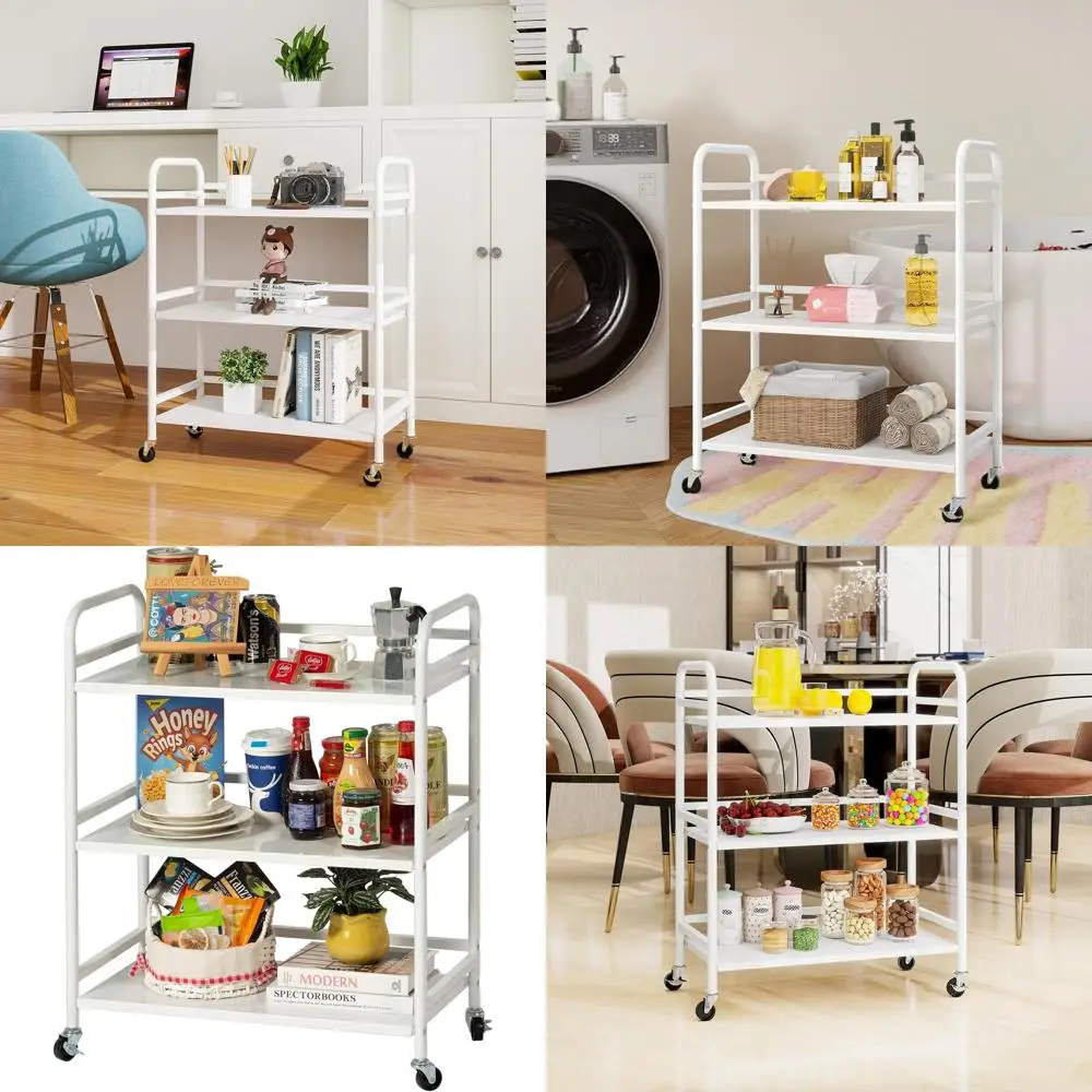 Carro rodante de metal de 3 niveles de gran capacidad con ruedas bloqueables para el hogar, la oficina, la cocina y más - Blanco