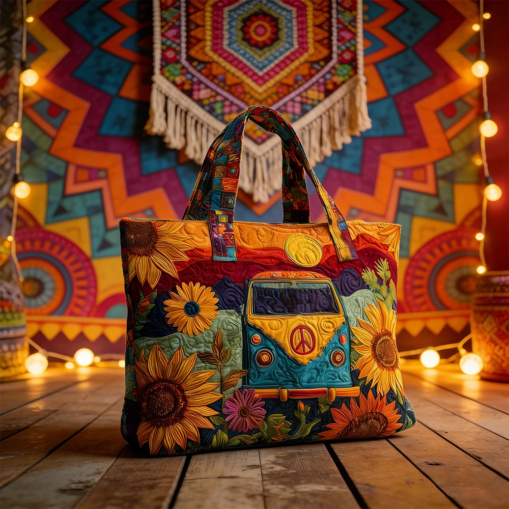 2026 Bohemian Style Sunflower Bus Quilted Tote Women's Daily Shoulder Bag Vintage Handbag For Shopping