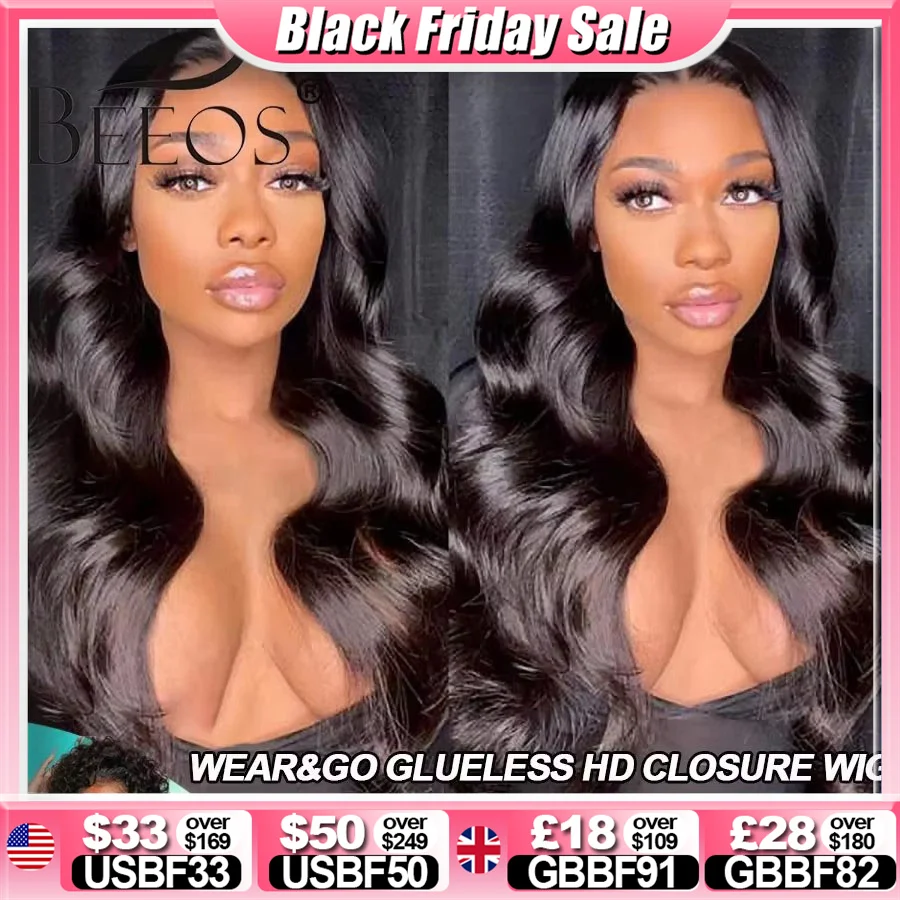 BEEOS 착용 및 이동 HD 접착제 없는 가발, 미리 뽑은 5x5, 6x6 HD 레이스 클로저 가발, 여성용 브라질 바디 웨이브, 36 인치