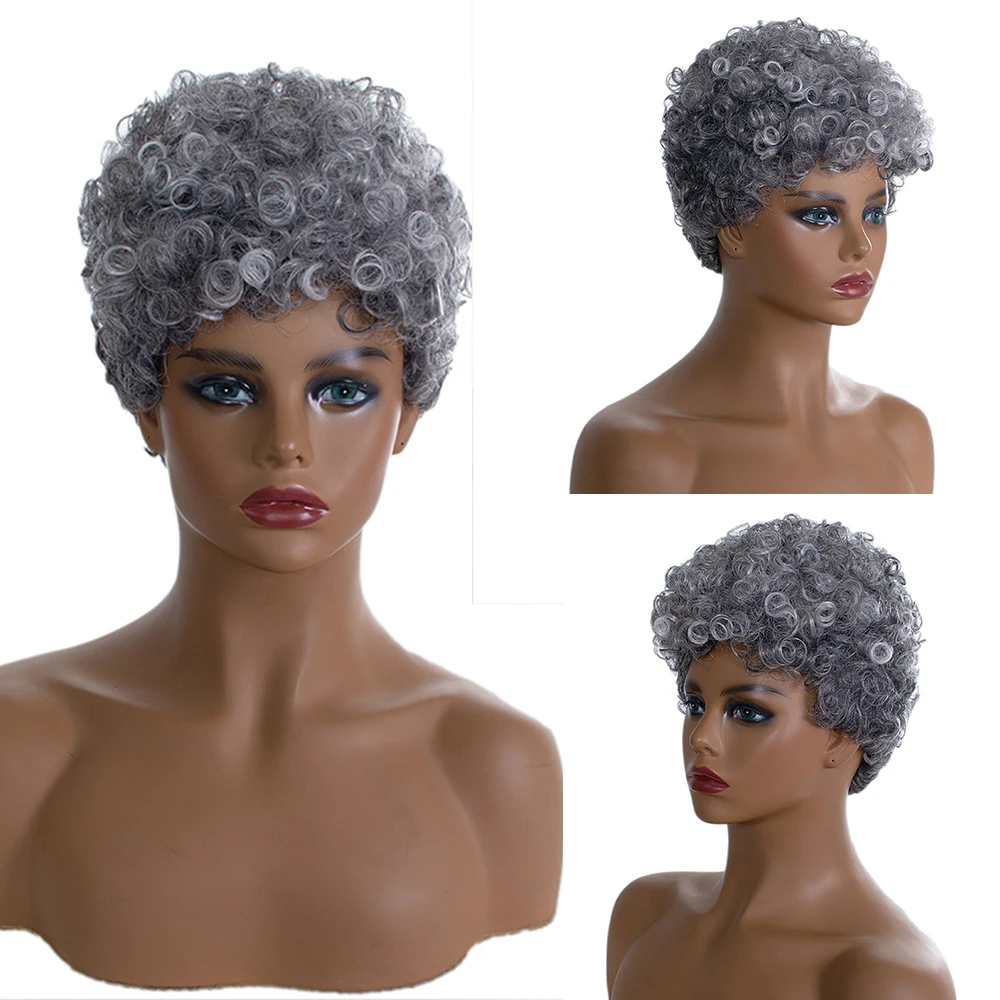 Synthetic Short Curly Gray Wigs for Women Black Afro Wig Grey Hair Wig With Bangs Natural Looking fullty Daily CosplayUse