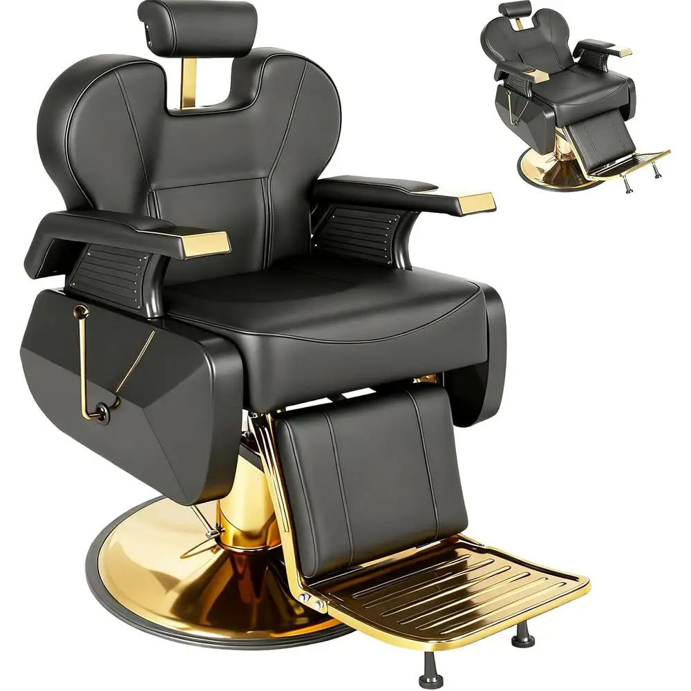 

Профессиональное парикмахерское кресло с откидной спинкой для укладки волос, мытья головы и татуировок, элегантное черно-золотое