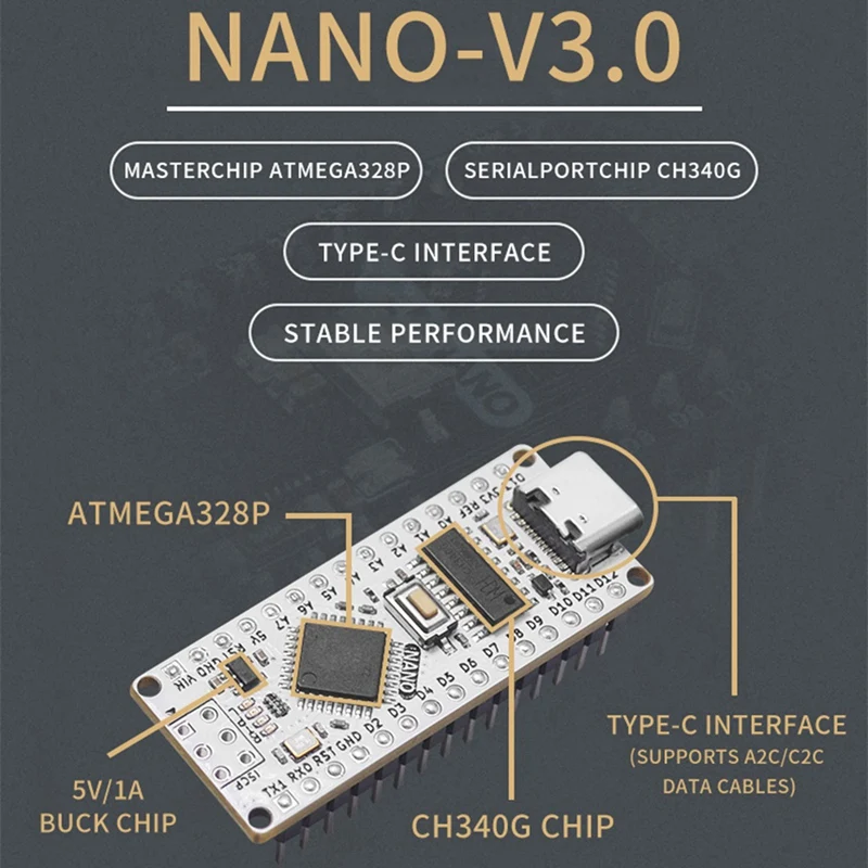 Improved Atmega328p Development Board Type-C Interface Compatible With For Arduino Nano V3.0 CH340G, Pink A Durable