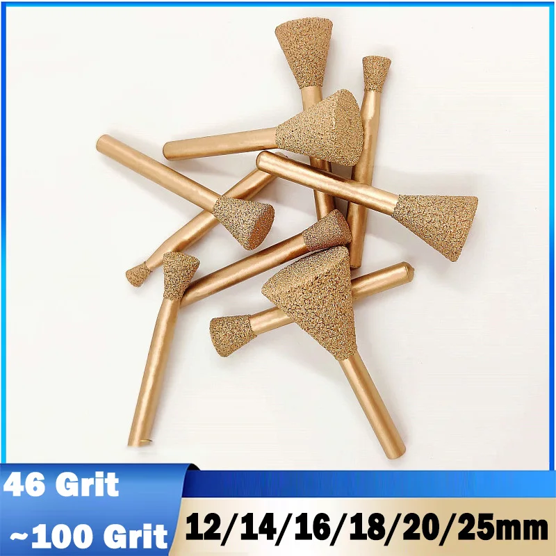 1Pcs 46 Grit/100 Grit Inverted Trapezoid Vacuum Brazed Diamond Burrs 12~25mm for Jade Peeling Stone Electric Carving Tools