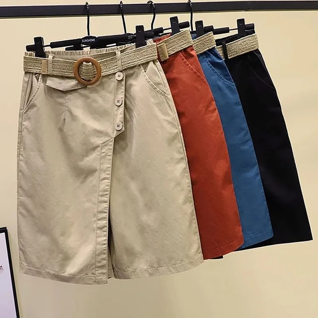 Pantalones falda para mujer pantalones cortos verano pierna ancha azul cintura alta bolsillos de pierna recta mujer corto negro moda coreana Culotte