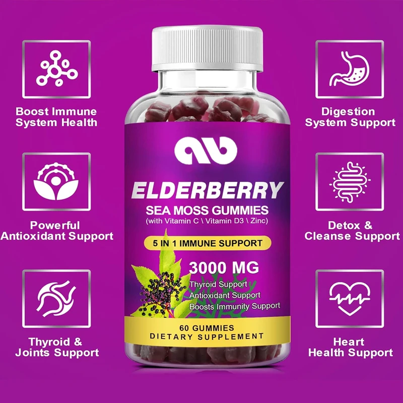 

Black elderberry and seaweed gummies, containing zinc and vitamins C,D3,and multiple vitamins, provide immune and energy support