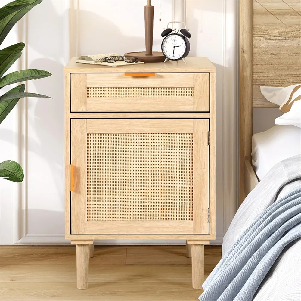 Nightstand Set with Drawers, Boho BedSide Tables, Oak Rattan End Tables - Small Space