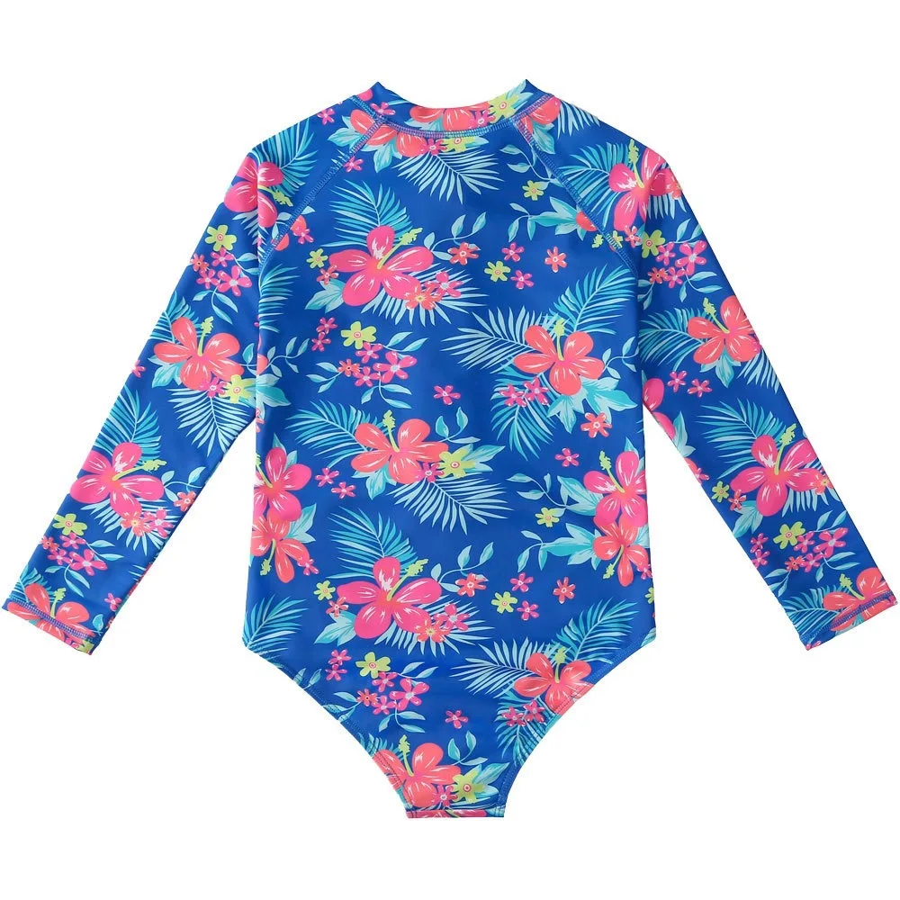 Girls One-piece Swimsuit Cartoon Floral Print Sun-protective Long Sleeve Zipper Quick-Dry Triangle Swimwear Baby Bathing Suit