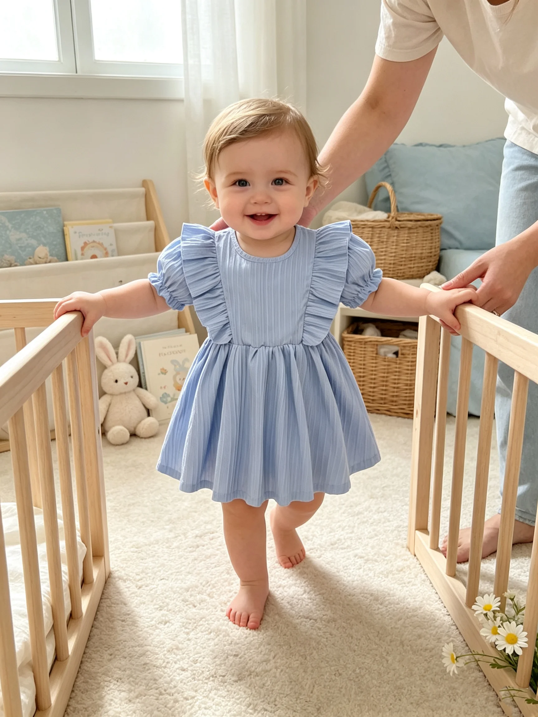Children's Ruffled round Neck Short Sleeve Dress Waist Cinched Mid-Length Skirt for Infants And Toddlers