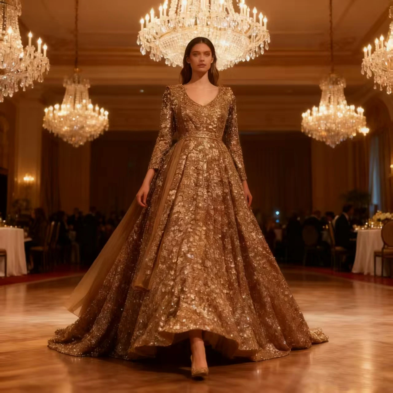 Customized Sparkly Gold Indian Muslim Prom Dresses Long Sleeve Gillter Beaded Sequin Lace Lehenga Caftan Evening dress robes