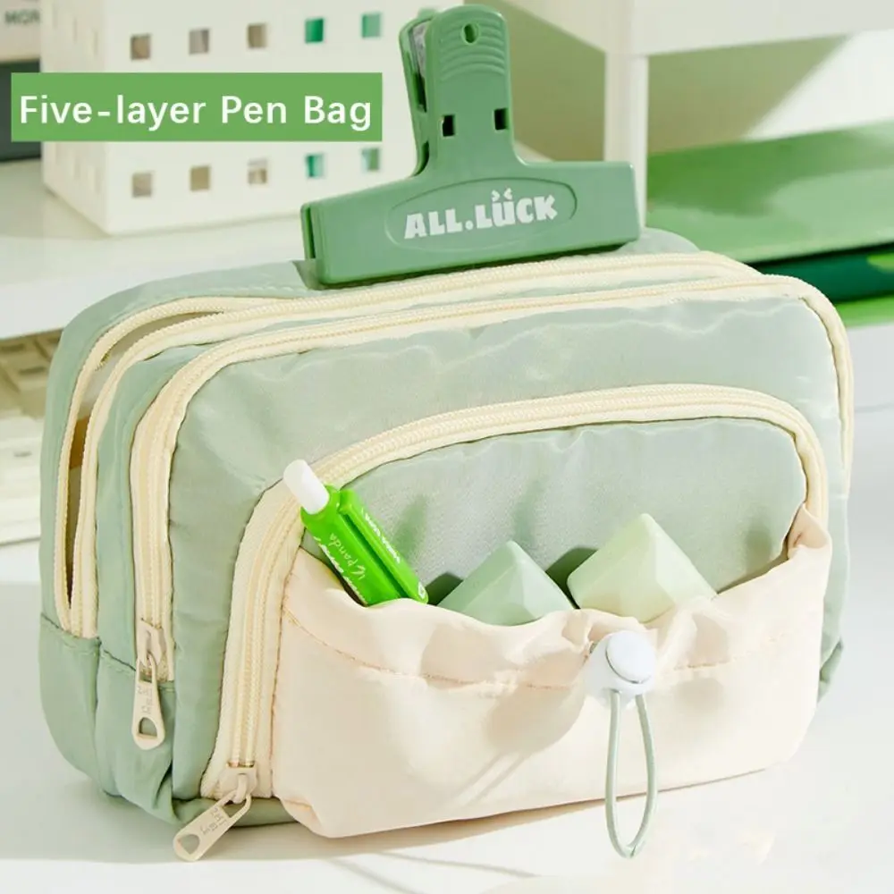 Grande Capacidade Pen Storage Bag, Multifuncional Drawstring Lápis Box, Presente Zipper, 5 camadas