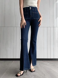 2024 Nieuwe Vintage Donkerblauwe Jeans Met Hoge Taille Voor Dames Casual High Stretch Split Desigh Slanke Flare-Broek-Forgunroses