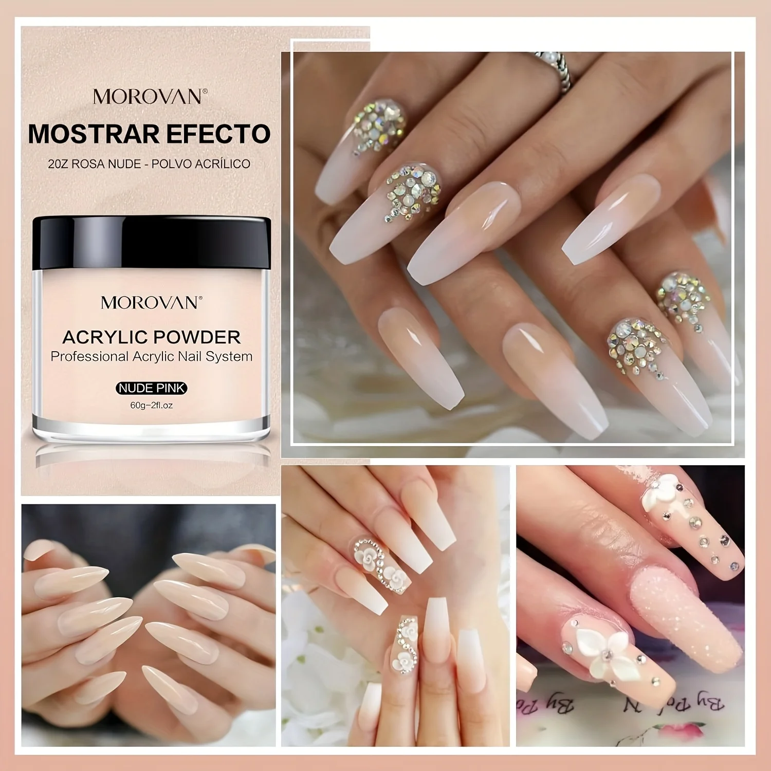 Conjunto de pó acrílico rosa Morovan: pó acrílico profissional para unhas de 2 onças, pó de cristal DIY 3D Nail Art sem lâmpada, Perfe