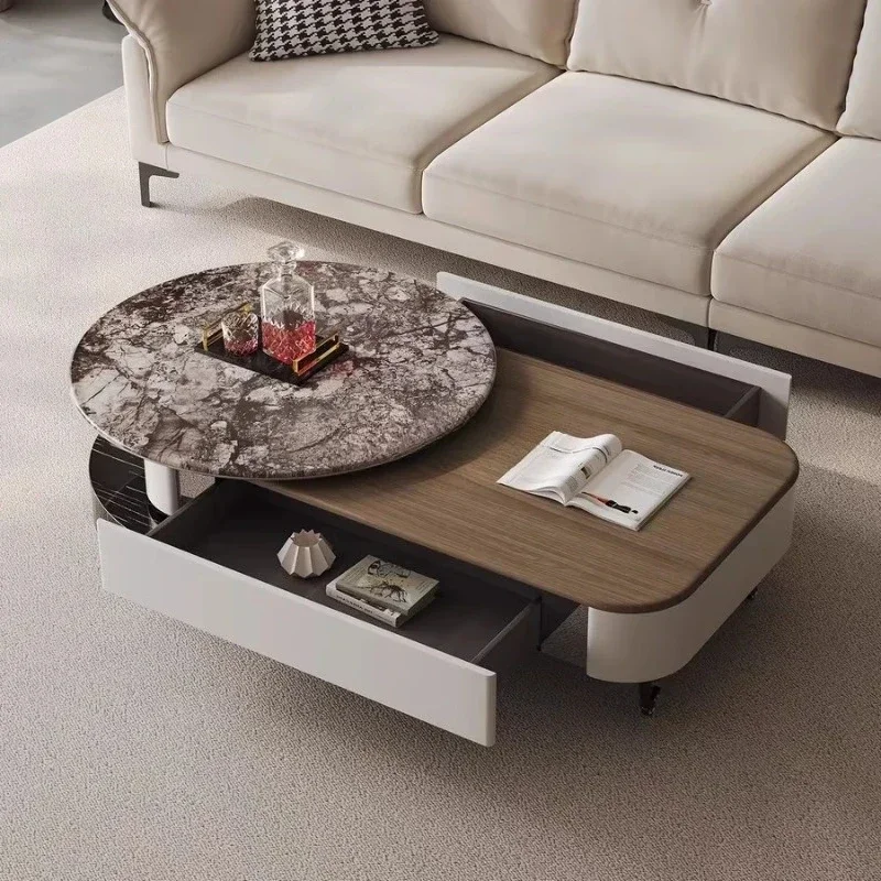 

Walnut color new Chinese style medieval style rectangular coffee table with drawers can be rotated