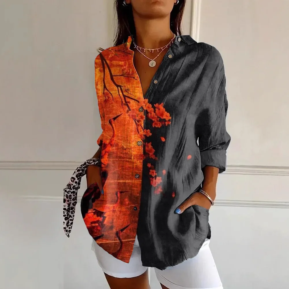 Francja Moda Śliczny wzór Kontrastowy kolor Bluzka z długim rękawem Zapinane na guziki Koszule Luźne Casualowe Kobiety Wiosna Lato Długa koszula Y2K