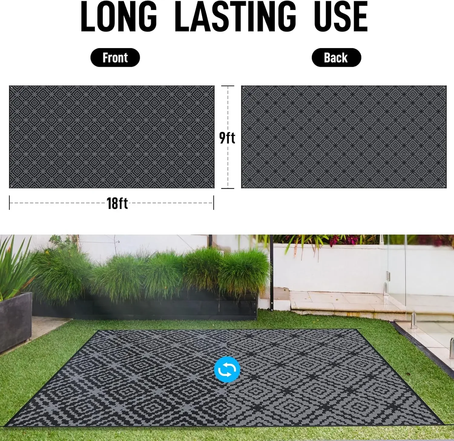 Camping Rug Waterproof 9x18FT, Large Reversible Stain&UV Resistant Plastic Straw RV Rug for Outside Patio Pool Deck Beac